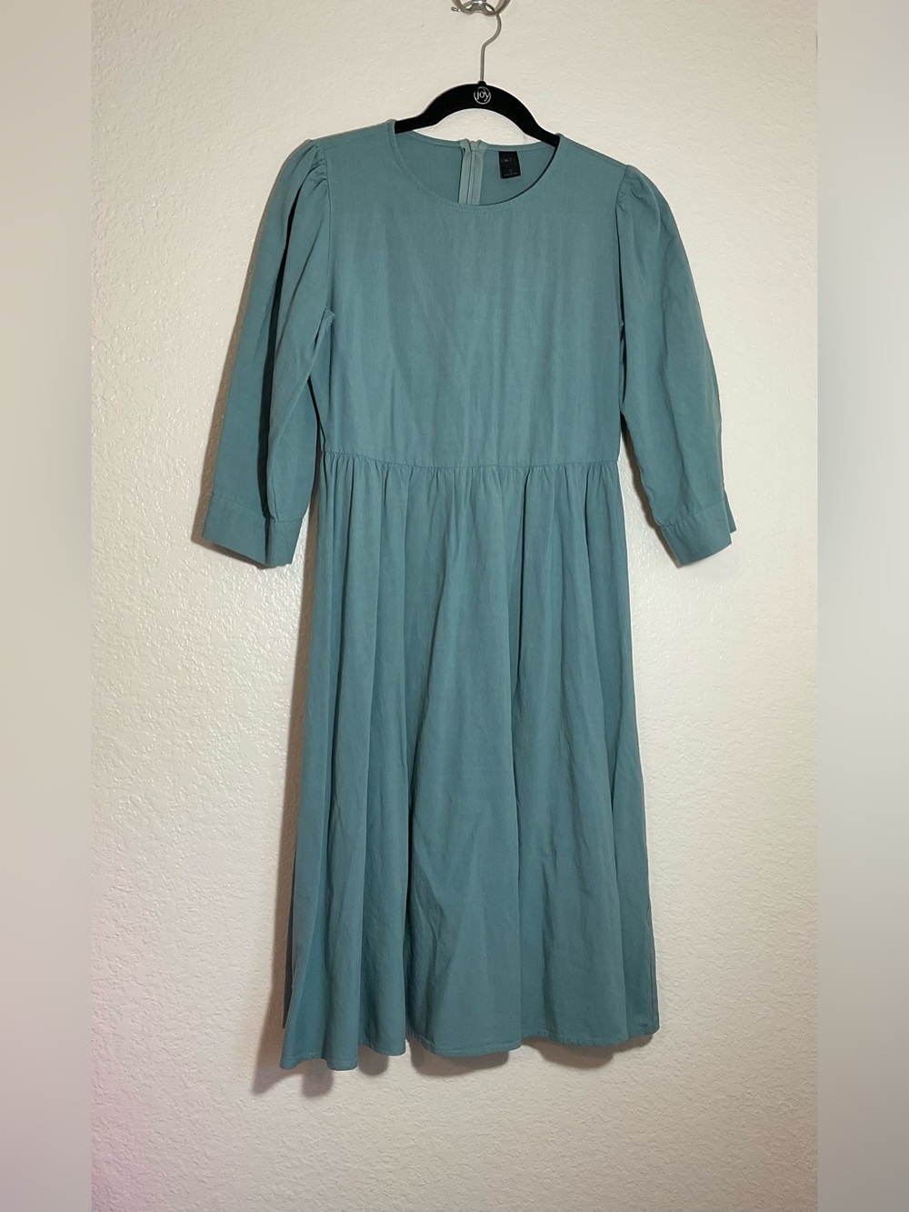 DAZY Sage Green Midi Dress Size M Puff Sleeve Empire Waist Modest Casual